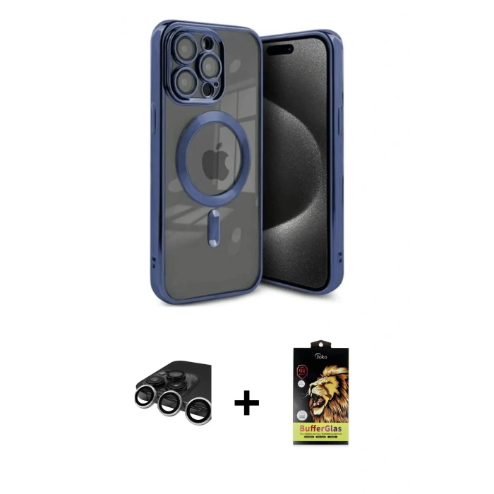 MARSİLYAN™- iPhone 15 Pro Max Kılıf Nova Işık Özel Seri - Siyah Buffer Cam Ekran Koruyucu + Raze Metal Kamera Lens - GS