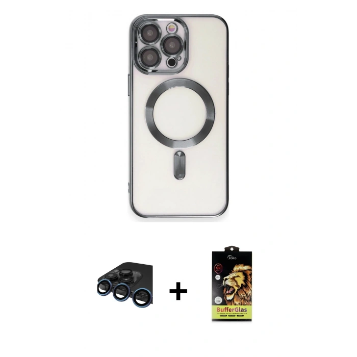 MARSİLYAN™- iPhone 15 Pro Max Kılıf Nova Işık Özel Seri - Siyah Buffer Cam Ekran Koruyucu + Raze Metal Kamera Lens - LT