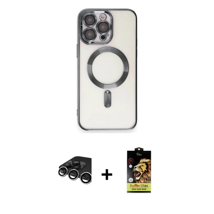 MARSİLYAN™- iPhone 15 Pro Max Kılıf Nova Işık Özel Seri - Siyah Buffer Cam Ekran Koruyucu + Raze Metal Kamera Lens - GS