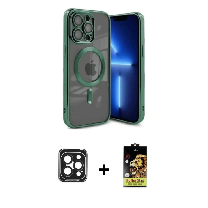 MARSİLYAN™- iPhone 15 Pro Max Kılıf Nova Işık Özel Seri - Siyah Buffer Cam Ekran Koruyucu + PVD Metal Kamera Lens - SH