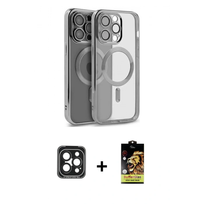 MARSİLYAN™- iPhone 15 Pro Max Kılıf Nova Işık Özel Seri - Siyah Buffer Cam Ekran Koruyucu + PVD Metal Kamera Lens - SH