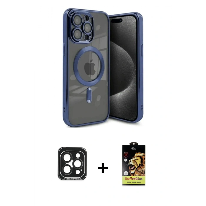 MARSİLYAN™- iPhone 15 Pro Max Kılıf Nova Işık Özel Seri - Siyah Buffer Cam Ekran Koruyucu + PVD Metal Kamera Lens - SH