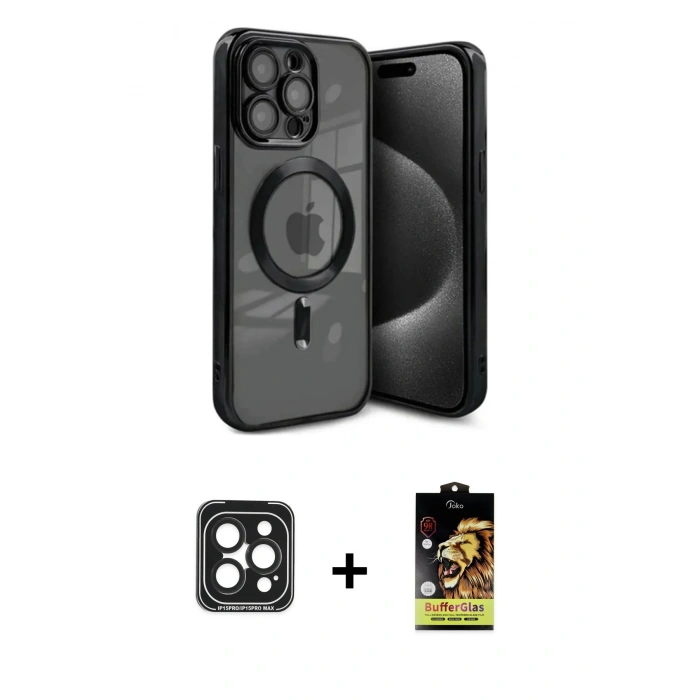 MARSİLYAN™- iPhone 15 Pro Max Kılıf Nova Işık Özel Seri - Siyah Buffer Cam Ekran Koruyucu + PVD Metal Kamera Lens - SH