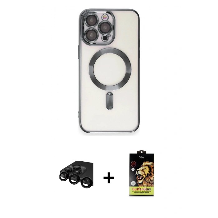 MARSİLYAN™- iPhone 15 Pro Max Kılıf Nova Işık Özel Seri - Siyah Buffer Cam Ekran Koruyucu + Siyah Raze Metal Kamera Lens