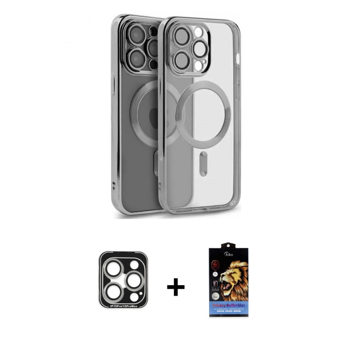 MARSİLYAN™- iPhone 15 Pro Max Kılıf Nova Işık Özel Seri - Siyah Buffer Hayalet Cam Ekran Koruyucu + PVD Metal Kamera Lens - GS