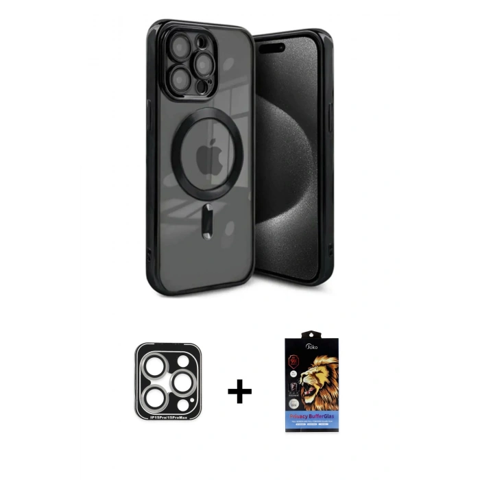 MARSİLYAN™- iPhone 15 Pro Max Kılıf Nova Işık Özel Seri - Siyah Buffer Hayalet Cam Ekran Koruyucu + PVD Metal Kamera Lens - GS
