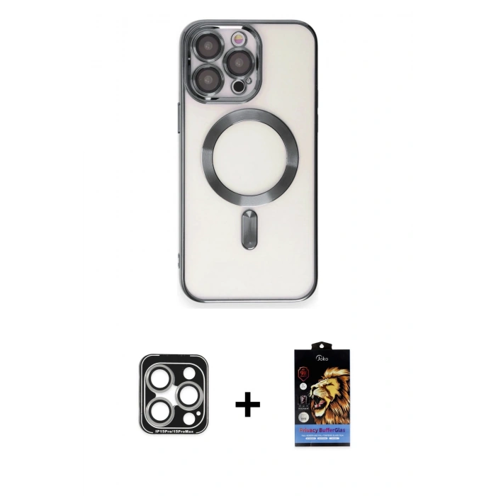 MARSİLYAN™- iPhone 15 Pro Max Kılıf Nova Işık Özel Seri - Siyah Buffer Hayalet Cam Ekran Koruyucu + PVD Metal Kamera Lens - GS