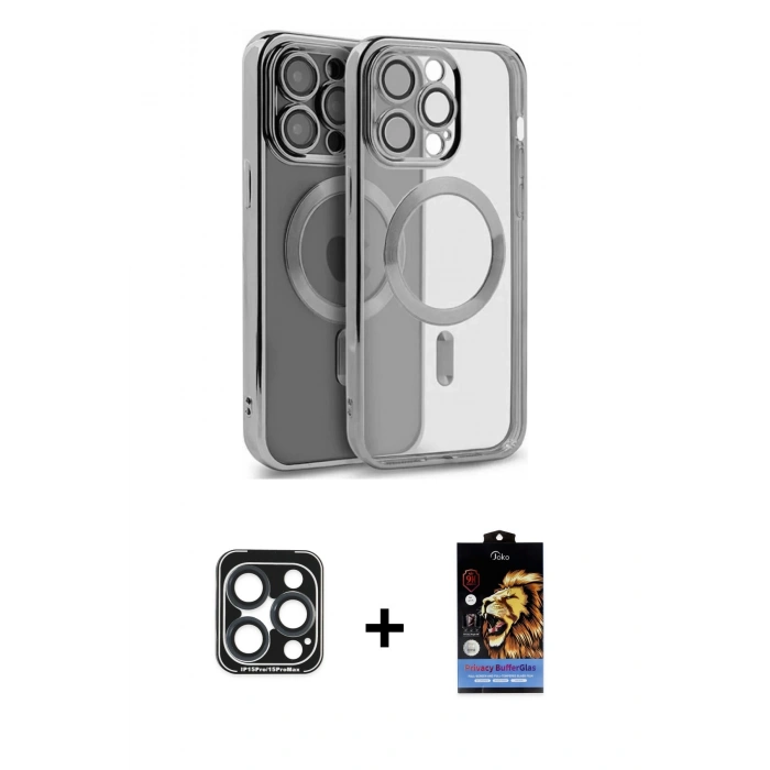 MARSİLYAN™- iPhone 15 Pro Max Kılıf Nova Işık Özel Seri - Siyah Buffer Hayalet Cam Ekran Koruyucu + PVD Metal Kamera Lens - LT
