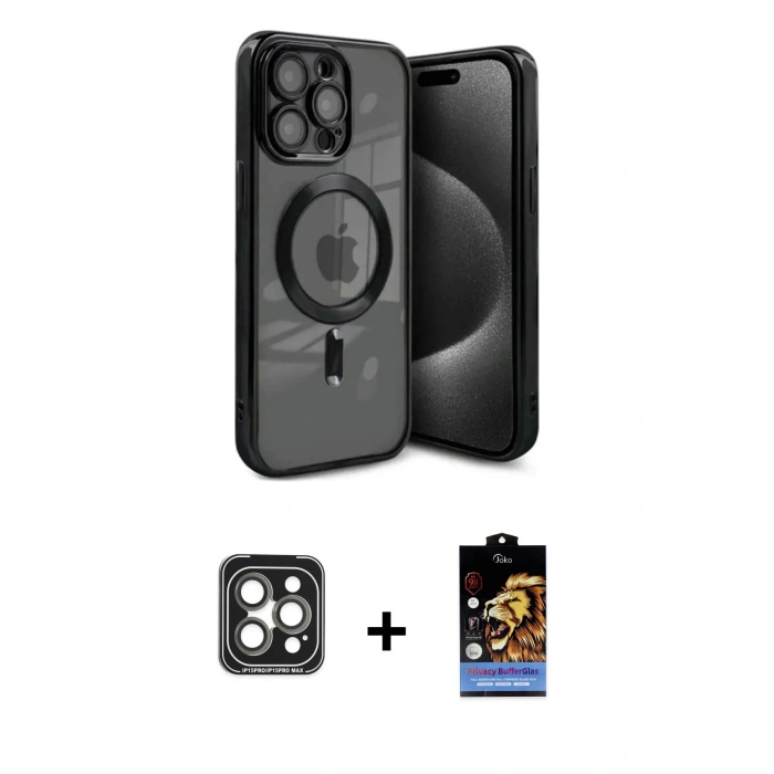 MARSİLYAN™- iPhone 15 Pro Max Kılıf Nova Işık Özel Seri - Siyah Buffer Hayalet Cam Ekran Koruyucu + PVD Metal Kamera Lens - GI