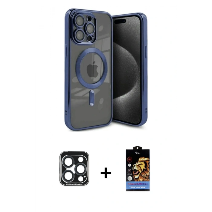 MARSİLYAN™- iPhone 15 Pro Max Kılıf Nova Işık Özel Seri - Siyah Buffer Hayalet Cam Ekran Koruyucu + PVD Metal Kamera Lens - LT