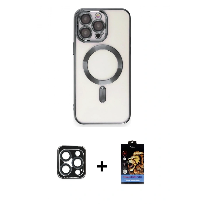 MARSİLYAN™- iPhone 15 Pro Max Kılıf Nova Işık Özel Seri - Siyah Buffer Hayalet Cam Ekran Koruyucu + PVD Metal Kamera Lens - LT