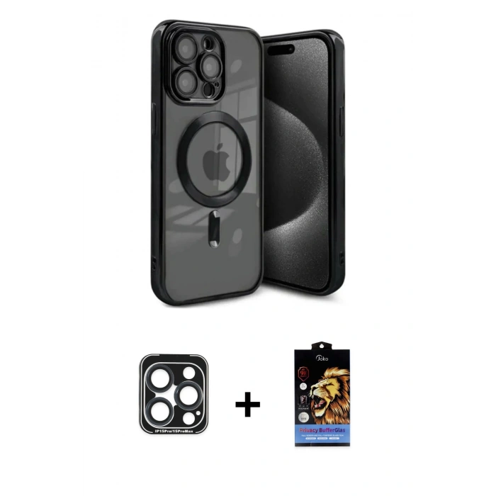 MARSİLYAN™- iPhone 15 Pro Max Kılıf Nova Işık Özel Seri - Siyah Buffer Hayalet Cam Ekran Koruyucu + PVD Metal Kamera Lens - LT