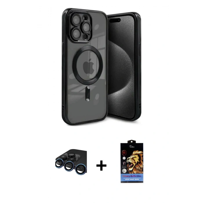MARSİLYAN™- iPhone 15 Pro Max Kılıf Nova Işık Özel Seri - Siyah Buffer Hayalet Cam Ekran Koruyucu + Raze Metal Kamera Lens - LT
