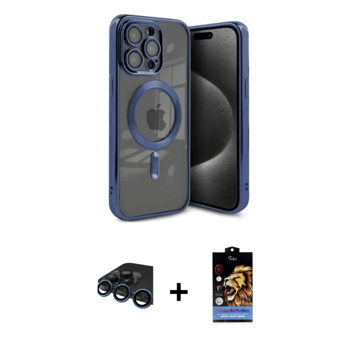 MARSİLYAN™- iPhone 15 Pro Max Kılıf Nova Işık Özel Seri - Siyah Buffer Hayalet Cam Ekran Koruyucu + Raze Metal Kamera Lens - LT