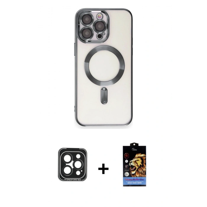 MARSİLYAN™- iPhone 15 Pro Max Kılıf Nova Işık Özel Seri - Siyah Buffer Hayalet Cam Ekran Koruyucu + PVD Metal Kamera Lens - SH