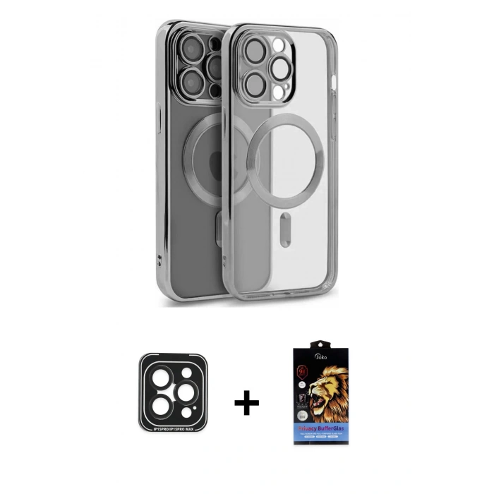 MARSİLYAN™- iPhone 15 Pro Max Kılıf Nova Işık Özel Seri - Siyah Buffer Hayalet Cam Ekran Koruyucu + PVD Metal Kamera Lens - SH