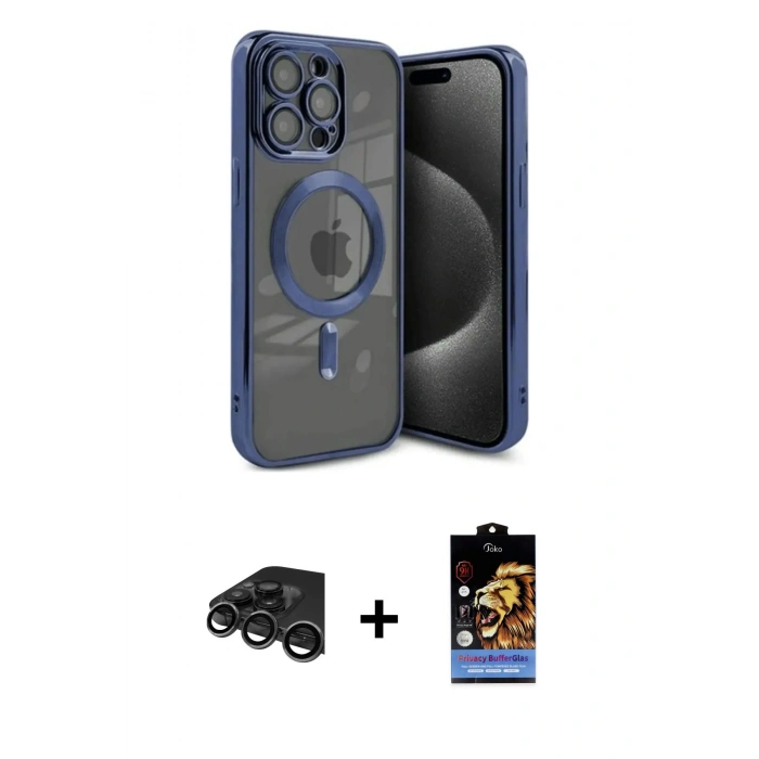 MARSİLYAN™- iPhone 15 Pro Max Kılıf Nova Işık Özel Seri - Siyah Buffer Hayalet Cam Ekran Koruyucu + Titanyum Gri Raze Metal Kamera Lens