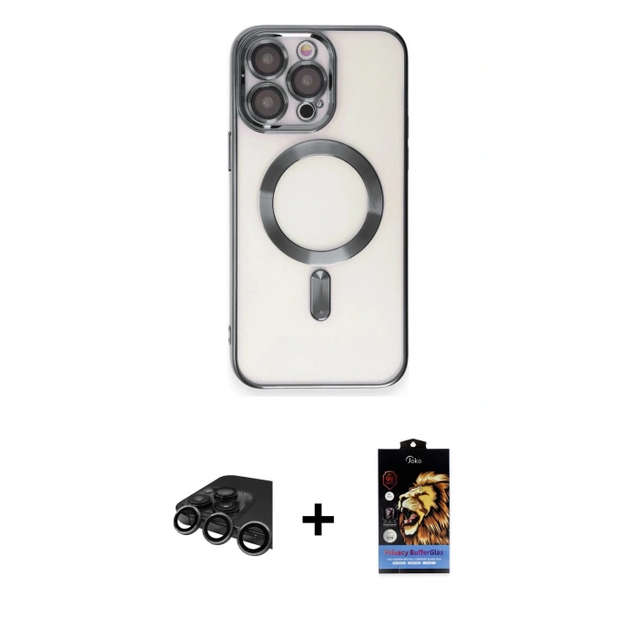 MARSİLYAN™- iPhone 15 Pro Max Kılıf Nova Işık Özel Seri - Siyah Buffer Hayalet Cam Ekran Koruyucu + Titanyum Gri Raze Metal Kamera Lens