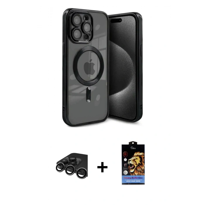 MARSİLYAN™- iPhone 15 Pro Max Kılıf Nova Işık Özel Seri - Siyah Buffer Hayalet Cam Ekran Koruyucu + Titanyum Gri Raze Metal Kamera Lens