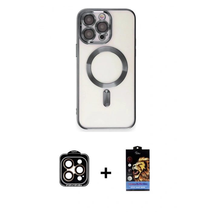 MARSİLYAN™- iPhone 15 Pro Max Kılıf Nova Işık Özel Seri - Siyah Buffer Hayalet Cam Ekran Koruyucu + PVD Metal Kamera Lens - TU