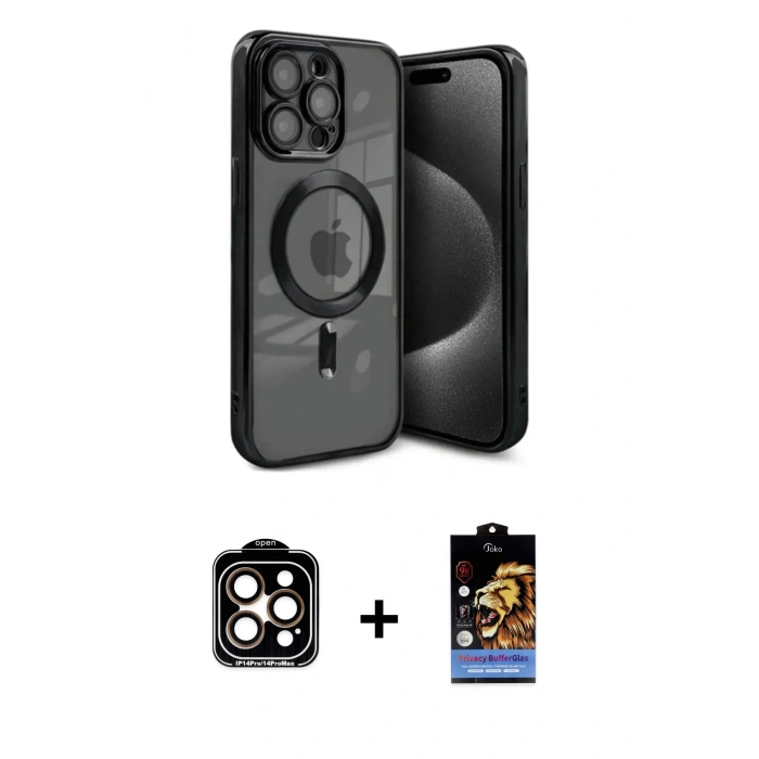 MARSİLYAN™- iPhone 15 Pro Max Kılıf Nova Işık Özel Seri - Siyah Buffer Hayalet Cam Ekran Koruyucu + PVD Metal Kamera Lens - TU