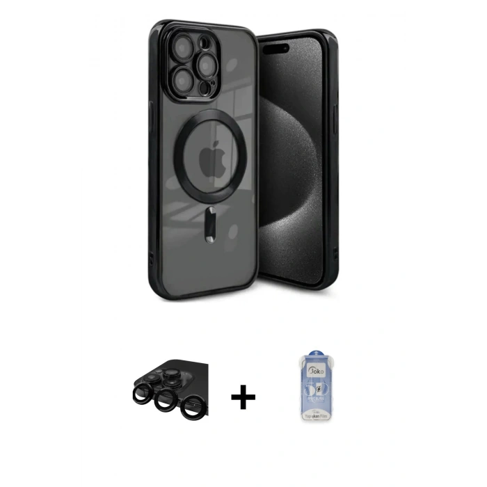 MARSİLYAN™- iPhone 15 Pro Max Kılıf Nova Işık Özel Seri - Siyah Joko Magic 5D Cam + Raze Metal Kamera Lens - SH