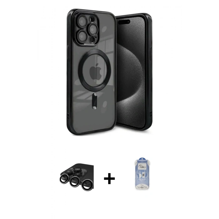MARSİLYAN™- iPhone 15 Pro Max Kılıf Nova Işık Özel Seri - Siyah Joko Magic 5D Cam + Raze Metal Kamera Lens - TMGI