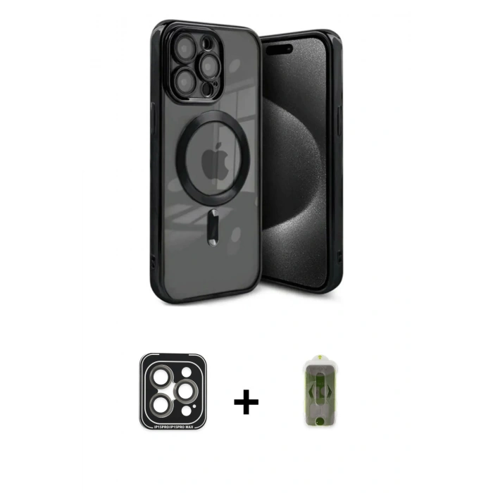 MARSİLYAN™- iPhone 15 Pro Max Kılıf Nova Işık Özel Seri - Siyah Joko Magic 5D Hayalet Cam + Gri PVD Metal Kamera Lens