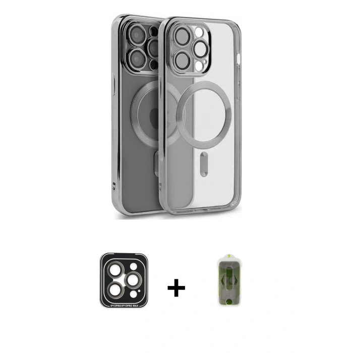 MARSİLYAN™- iPhone 15 Pro Max Kılıf Nova Işık Özel Seri - Siyah Joko Magic 5D Hayalet Cam + Gri PVD Metal Kamera Lens