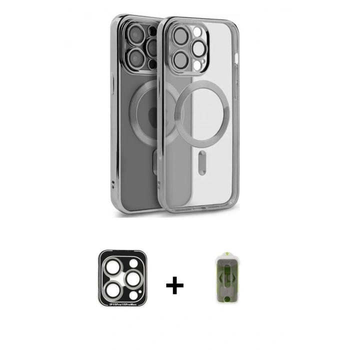 MARSİLYAN™- iPhone 15 Pro Max Kılıf Nova Işık Özel Seri - Siyah Joko Magic 5D Hayalet Cam + Gümüş PVD Metal Kamera Lens
