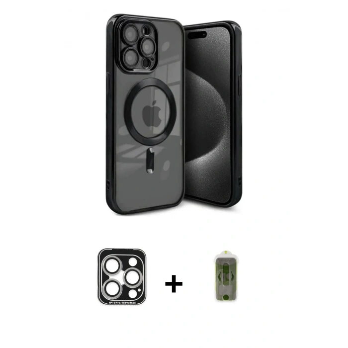 MARSİLYAN™- iPhone 15 Pro Max Kılıf Nova Işık Özel Seri - Siyah Joko Magic 5D Hayalet Cam + Gümüş PVD Metal Kamera Lens
