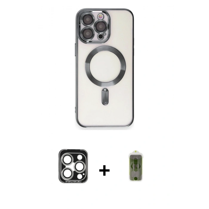 MARSİLYAN™- iPhone 15 Pro Max Kılıf Nova Işık Özel Seri - Siyah Joko Magic 5D Hayalet Cam + Gümüş PVD Metal Kamera Lens