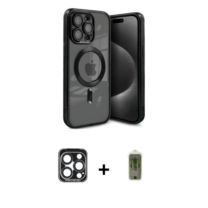 MARSİLYAN™- iPhone 15 Pro Max Kılıf Nova Işık Özel Seri - Siyah Joko Magic 5D Hayalet Cam + PVD Metal Kamera Lens - LT