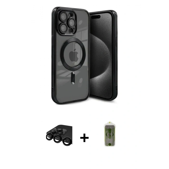 MARSİLYAN™- iPhone 15 Pro Max Kılıf Nova Işık Özel Seri - Siyah Joko Magic 5D Hayalet Cam + Raze Metal Kamera Lens - SH