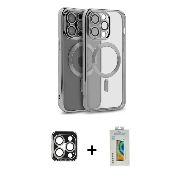 MARSİLYAN™- iPhone 15 Pro Max Kılıf Nova Işık Özel Seri - Siyah Polymer Nano Ekran Koruyucu + PVD Metal Kamera Lens - GS