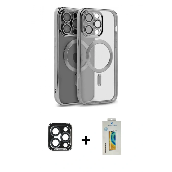 MARSİLYAN™- iPhone 15 Pro Max Kılıf Nova Işık Özel Seri - Siyah Polymer Nano Ekran Koruyucu + PVD Metal Kamera Lens - LT