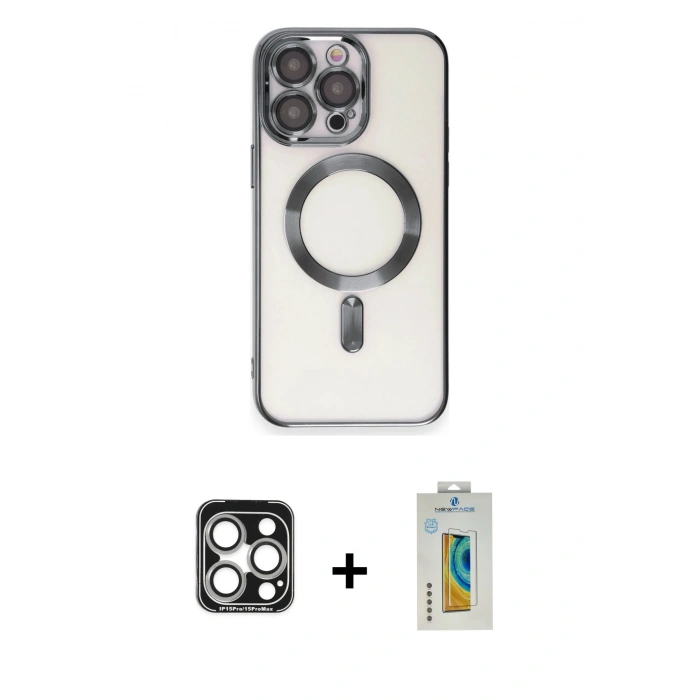 MARSİLYAN™- iPhone 15 Pro Max Kılıf Nova Işık Özel Seri - Siyah Polymer Nano Ekran Koruyucu + PVD Metal Kamera Lens - GS