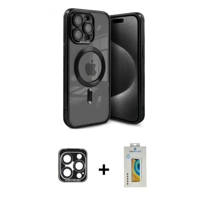 MARSİLYAN™- iPhone 15 Pro Max Kılıf Nova Işık Özel Seri - Siyah Polymer Nano Ekran Koruyucu + PVD Metal Kamera Lens - LT