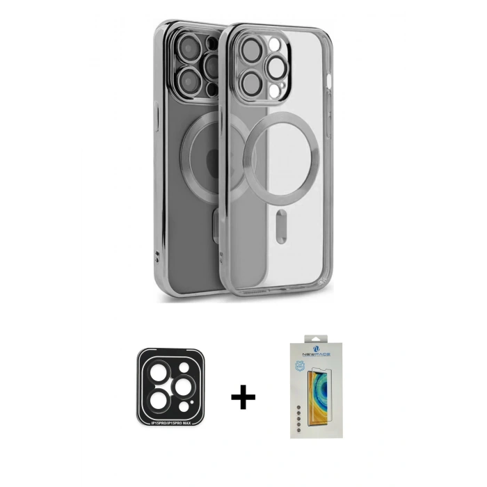 MARSİLYAN™- iPhone 15 Pro Max Kılıf Nova Işık Özel Seri - Siyah Polymer Nano Ekran Koruyucu + Siyah PVD Metal Kamera Lens
