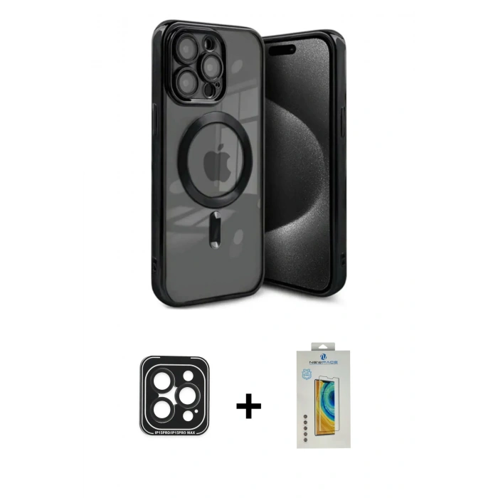 MARSİLYAN™- iPhone 15 Pro Max Kılıf Nova Işık Özel Seri - Siyah Polymer Nano Ekran Koruyucu + Siyah PVD Metal Kamera Lens
