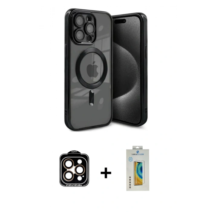 MARSİLYAN™- iPhone 15 Pro Max Kılıf Nova Işık Özel Seri - Siyah Polymer Nano Ekran Koruyucu + PVD Metal Kamera Lens - TU
