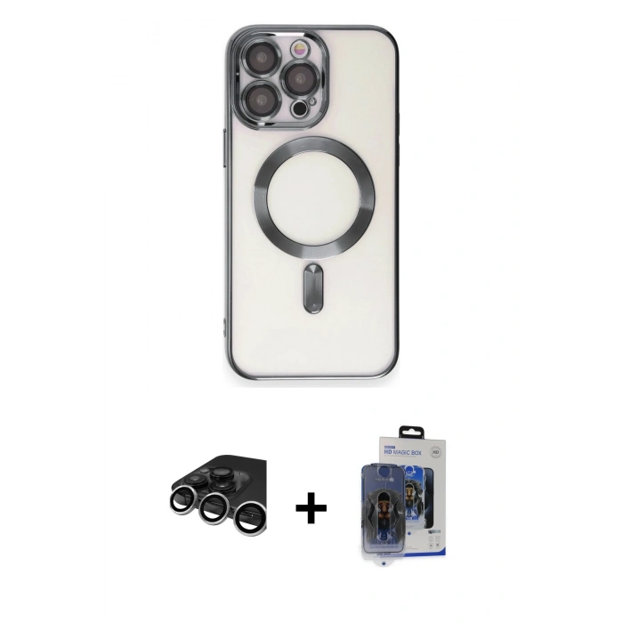MARSİLYAN™- iPhone 15 Pro Max Kılıf Nova Işık Özel Seri - Siyah Vanessa Magic Cam + Gümüş Raze Metal Kamera Lens