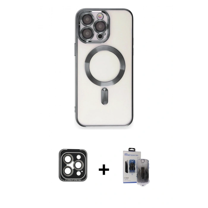 MARSİLYAN™- iPhone 15 Pro Max Kılıf Nova Işık Özel Seri - Siyah Vanessa Magic Hayalet Cam + Gri PVD Metal Kamera Lens