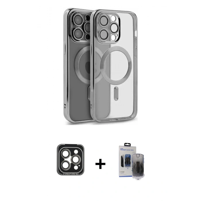 MARSİLYAN™- iPhone 15 Pro Max Kılıf Nova Işık Özel Seri - Siyah Vanessa Magic Hayalet Cam + Gri PVD Metal Kamera Lens