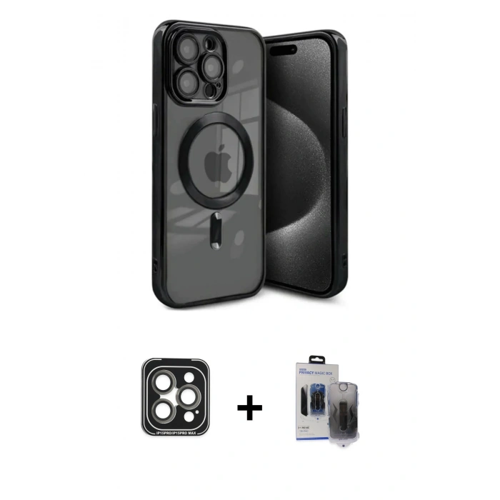 MARSİLYAN™- iPhone 15 Pro Max Kılıf Nova Işık Özel Seri - Siyah Vanessa Magic Hayalet Cam + Gri PVD Metal Kamera Lens