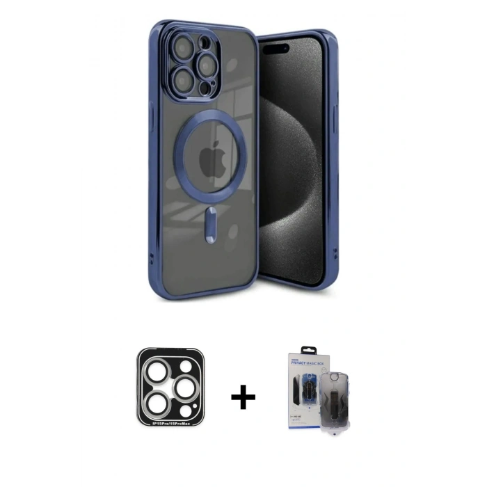 MARSİLYAN™- iPhone 15 Pro Max Kılıf Nova Işık Özel Seri - Siyah Vanessa Magic Hayalet Cam + Gümüş PVD Metal Kamera Lens