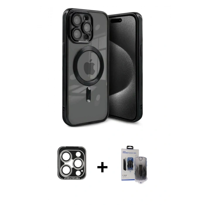 MARSİLYAN™- iPhone 15 Pro Max Kılıf Nova Işık Özel Seri - Siyah Vanessa Magic Hayalet Cam + Gümüş PVD Metal Kamera Lens