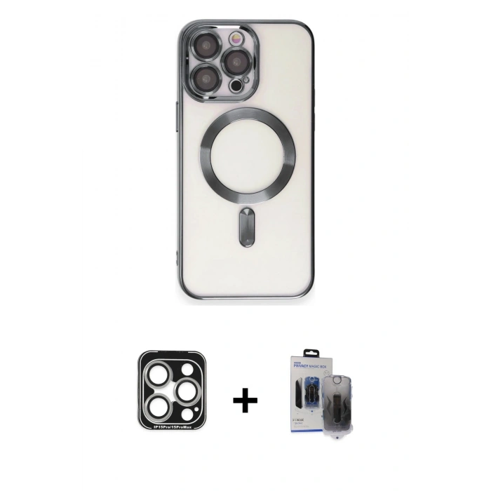 MARSİLYAN™- iPhone 15 Pro Max Kılıf Nova Işık Özel Seri - Siyah Vanessa Magic Hayalet Cam + Gümüş PVD Metal Kamera Lens