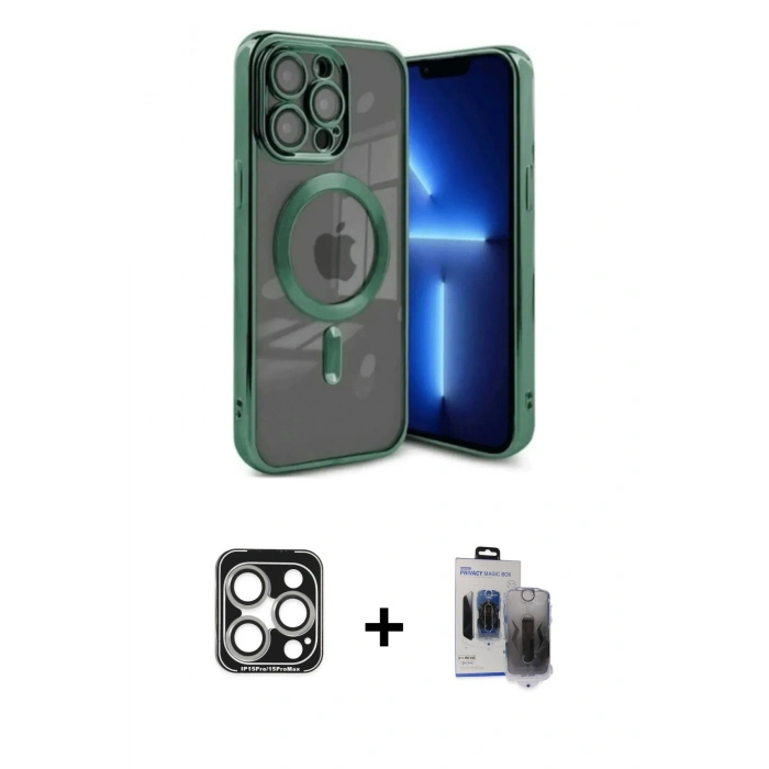 MARSİLYAN™- iPhone 15 Pro Max Kılıf Nova Işık Özel Seri - Siyah Vanessa Magic Hayalet Cam + Gümüş PVD Metal Kamera Lens