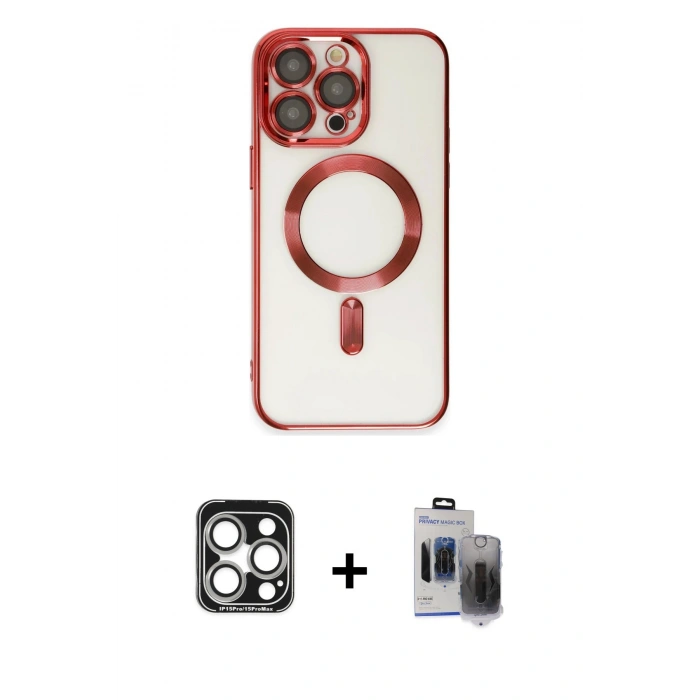 MARSİLYAN™- iPhone 15 Pro Max Kılıf Nova Işık Özel Seri - Siyah Vanessa Magic Hayalet Cam + Gümüş PVD Metal Kamera Lens